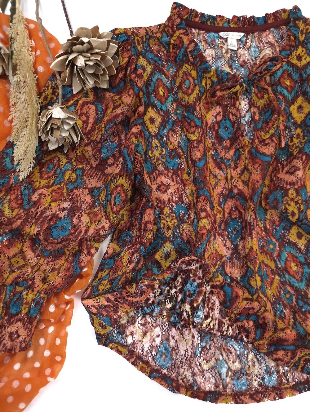 Cato Boho Printed Sheer Blouse in Rust Multicolor Sz L